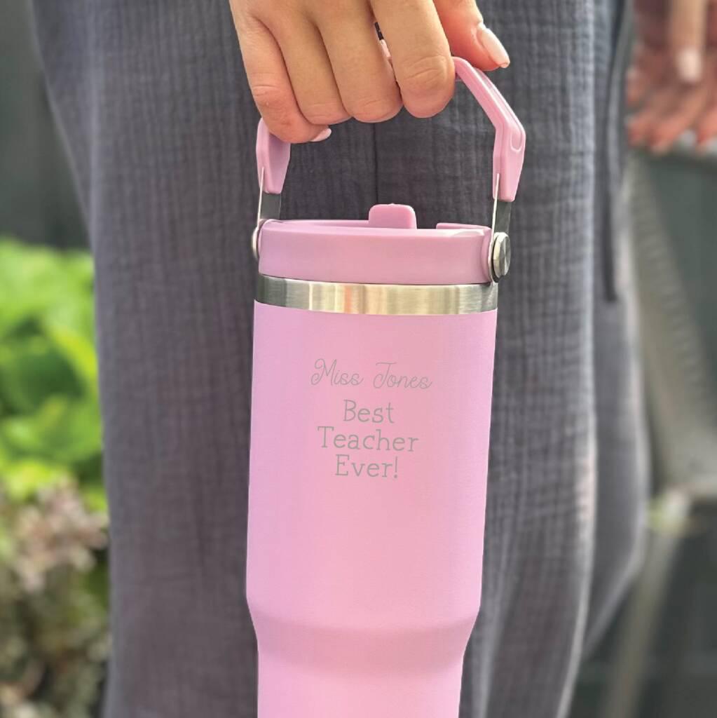 Personalized Teacher Water Bottle: Engraved Stainless Steel Tumbler with Handle