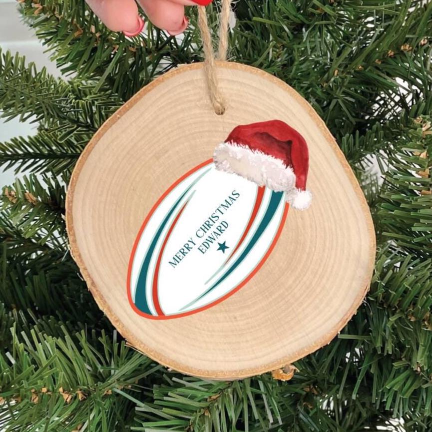 Personalised Rugby Ball Wooden Christmas Bauble