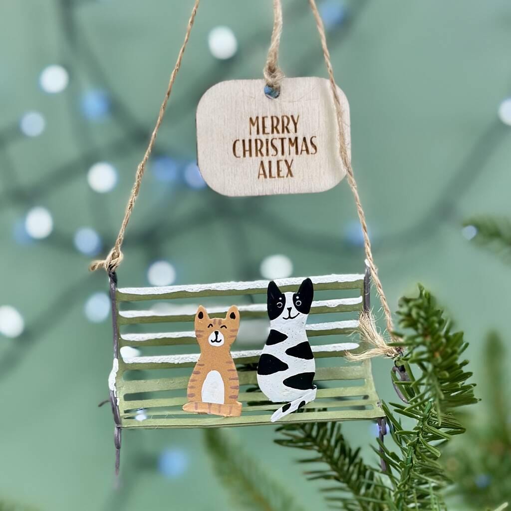 Personalised Christmas Cats On A Park Bench Bauble