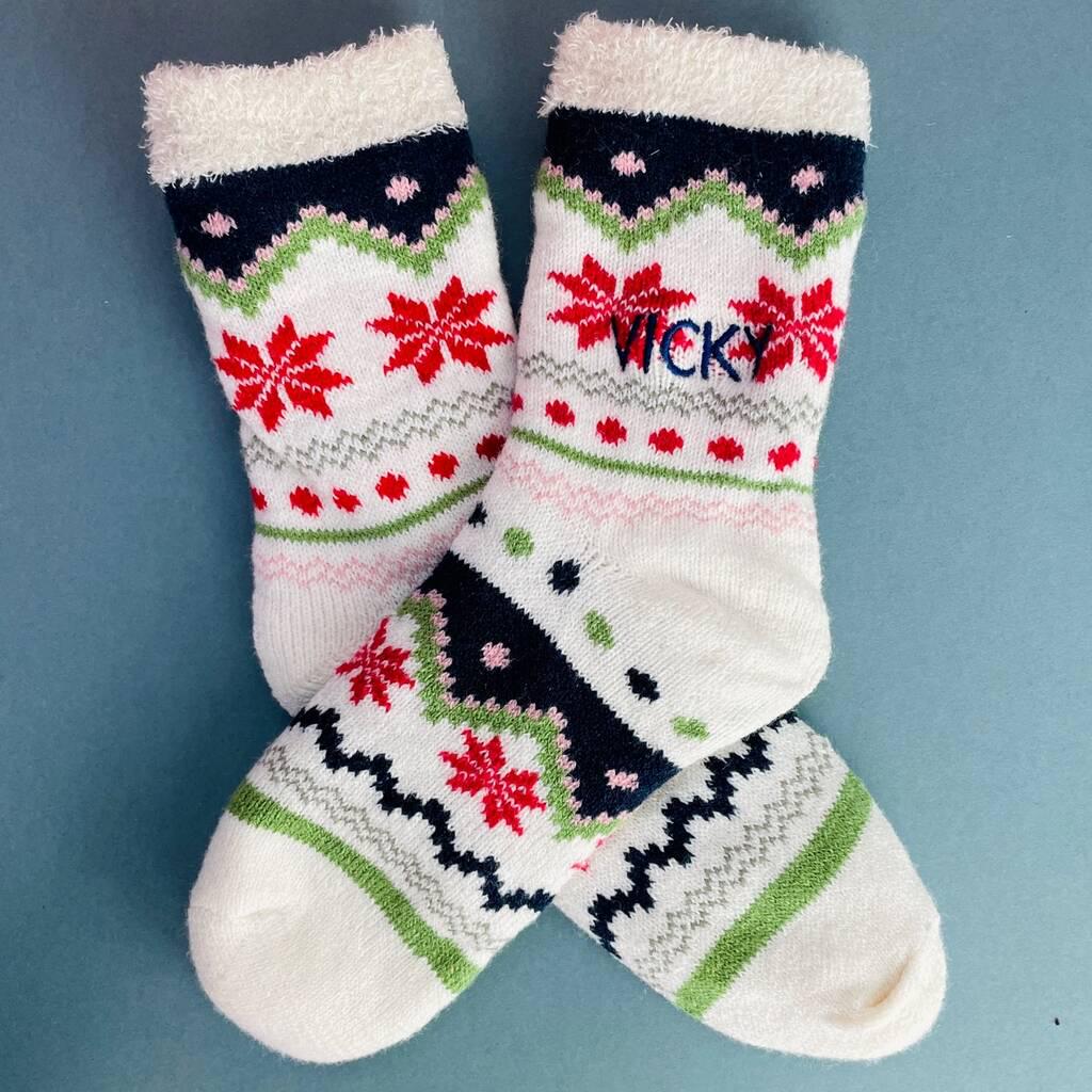 Personalised Navy And Red Fairisle Slipper Socks