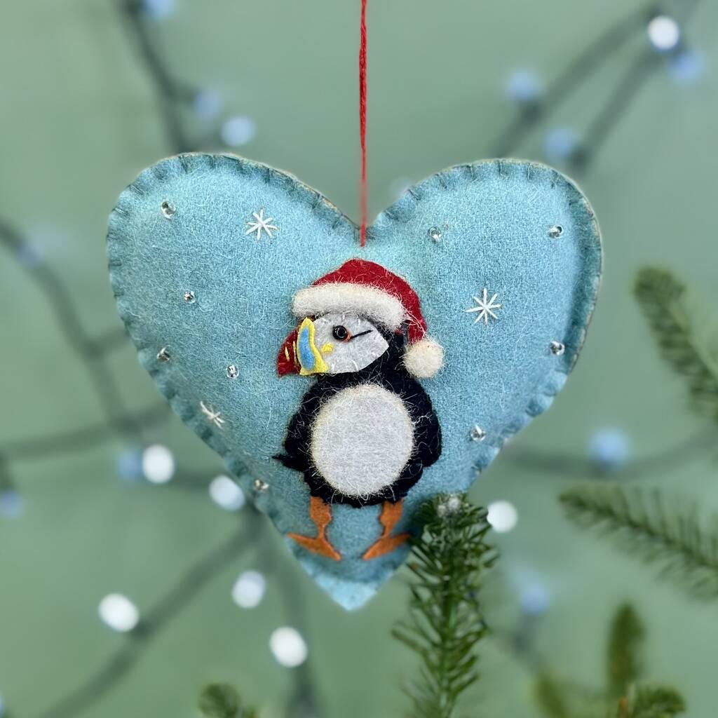 Personalised Felt Fabric Christmas Puffin Bauble