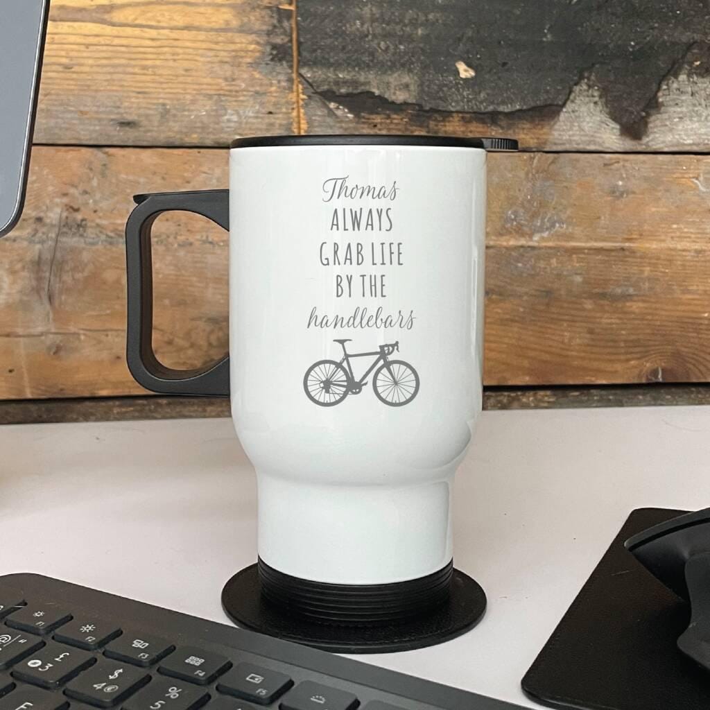 Personalised Grab Life By The Handlebars Travel Mug