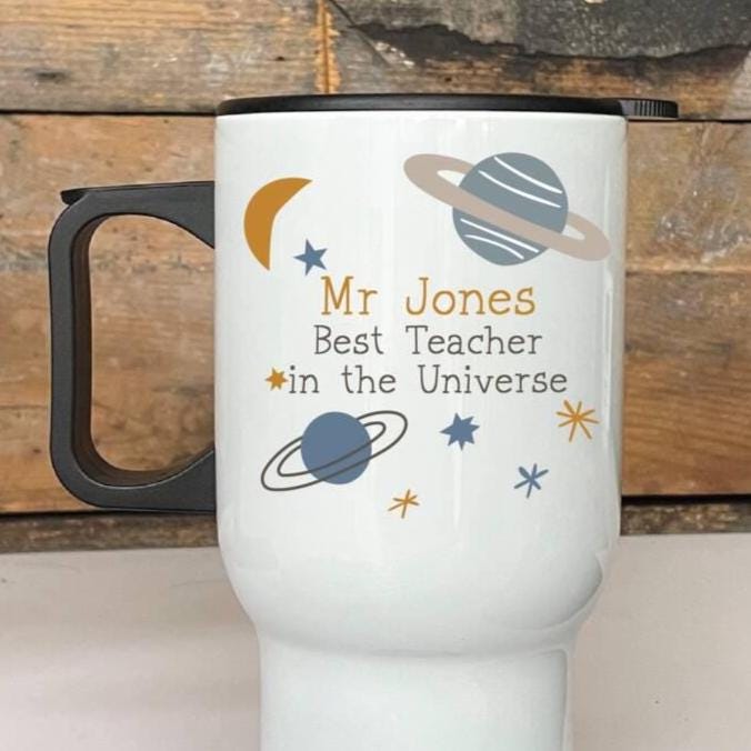 Personalized Teacher Travel Mug: Space Design, Stainless Steel