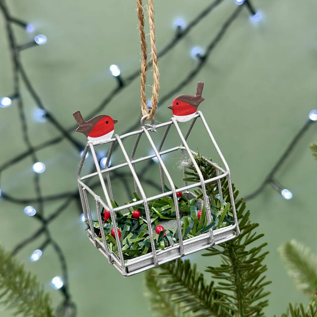 Personalised Robins On Greenhouse Christmas Bauble