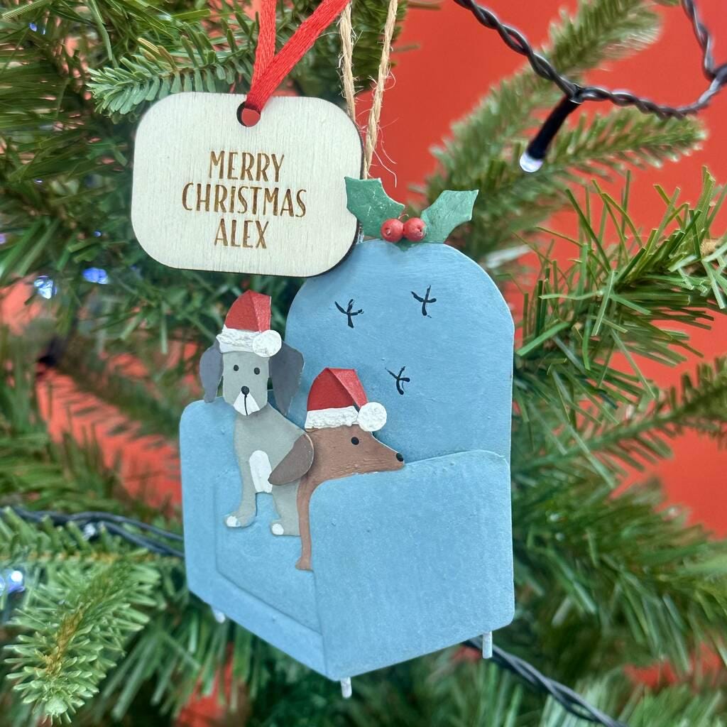 Personalised Metal Christmas Dogs On Armchair Bauble