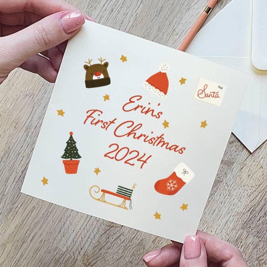 Personalised Christmas Objects Baby First Christmas Card