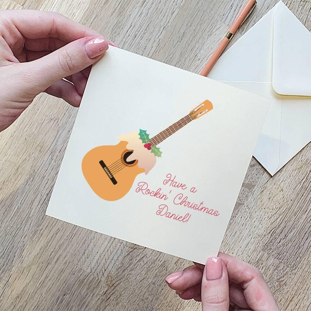 Personalised Guitar Christmas Pudding Card