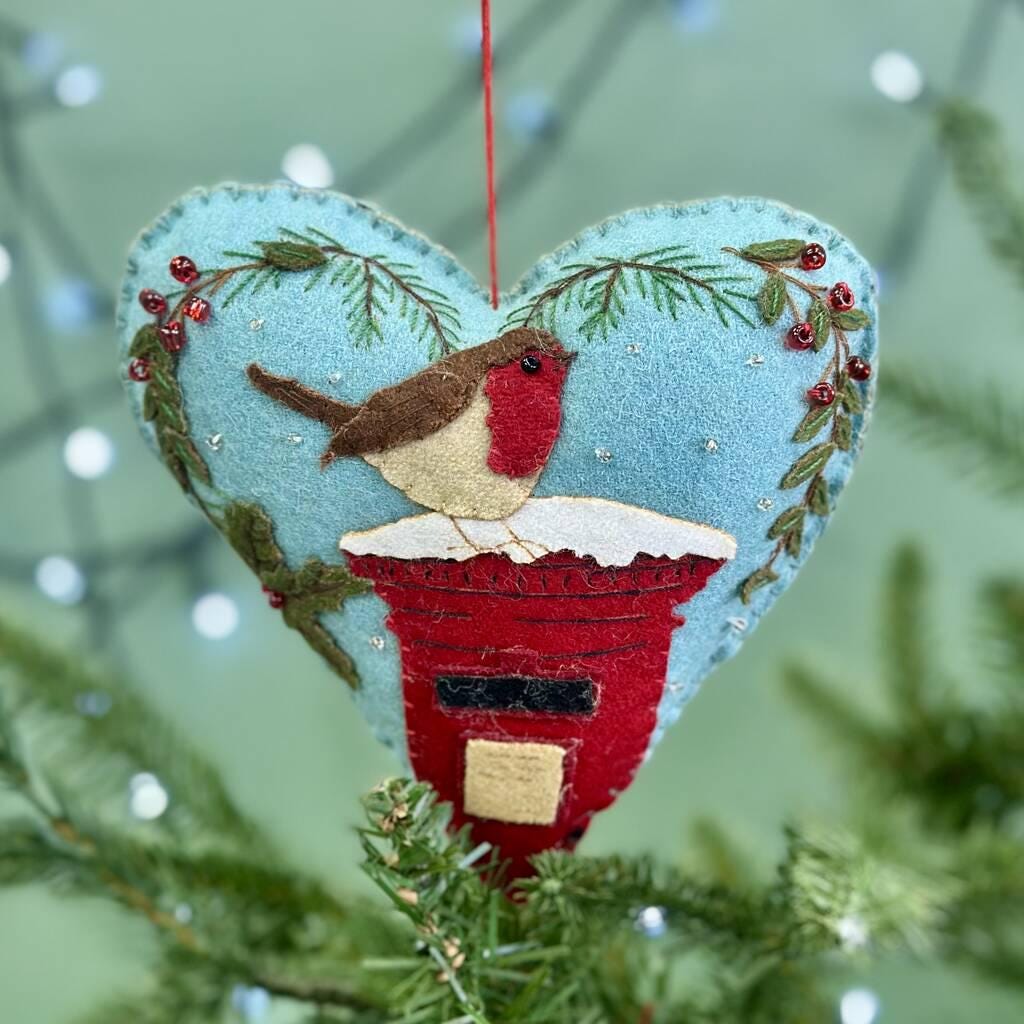 Personalised Felt Fabric Heart Robin On Postbox Bauble