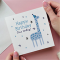 Blue Giraffe First Birthday Card