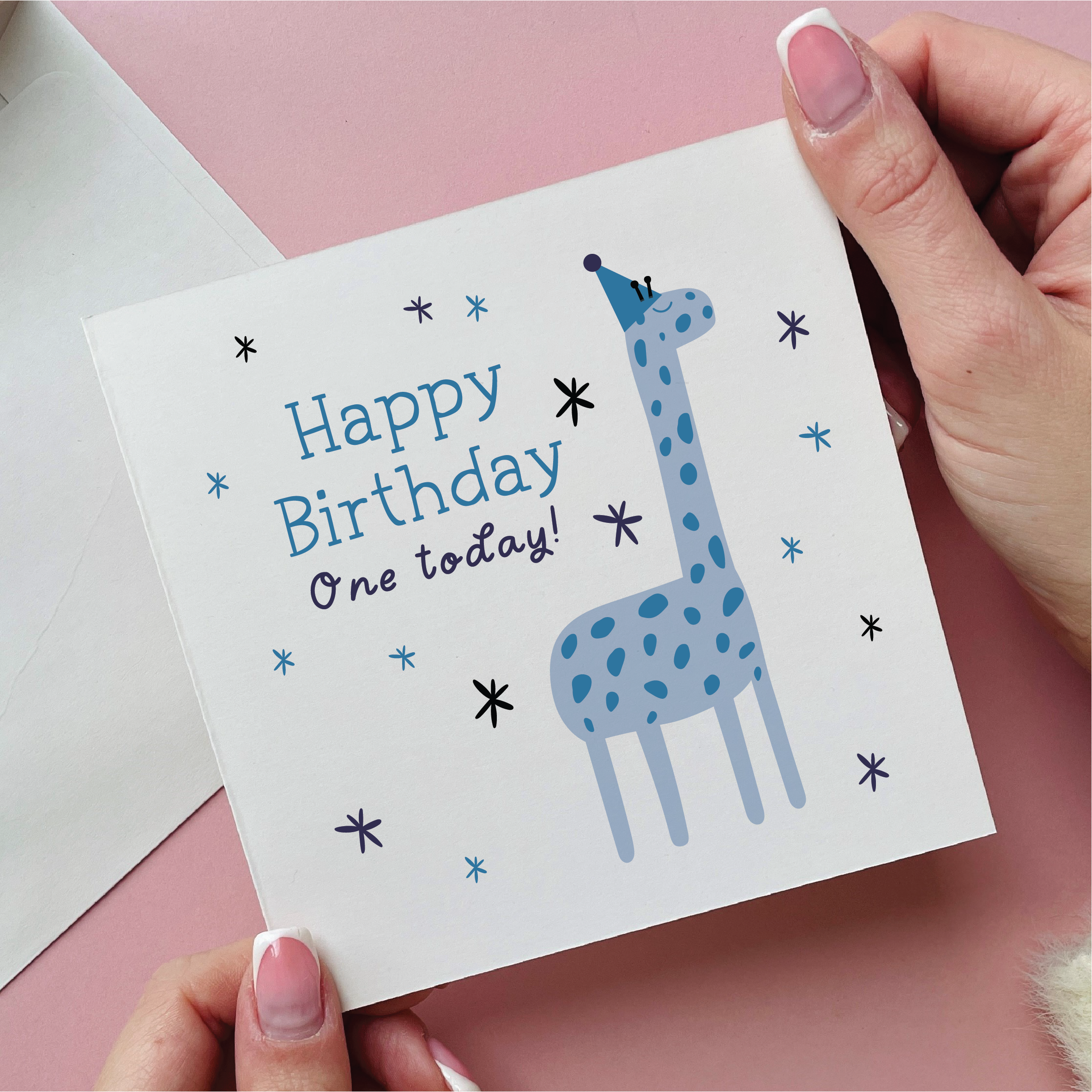 Blue Giraffe First Birthday Card