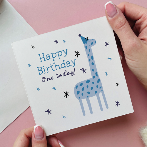 Blue Giraffe First Birthday Card