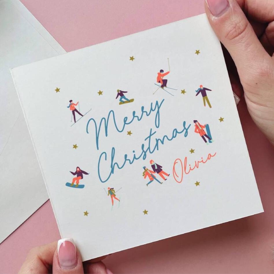 Personalised Mountain People Skiing Christmas Card