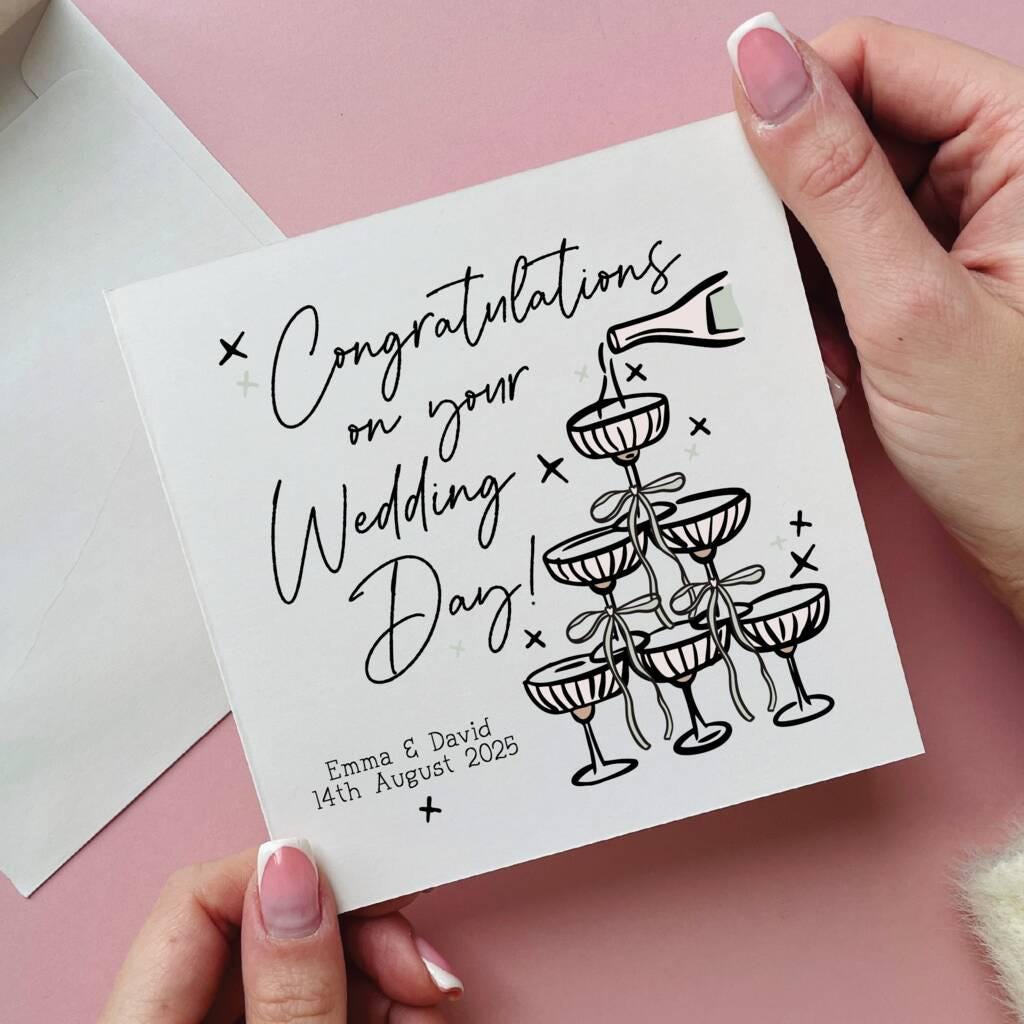Hand holding a wedding card with 'Congratulations on your Wedding Day!' text and wine glass illustrations.
