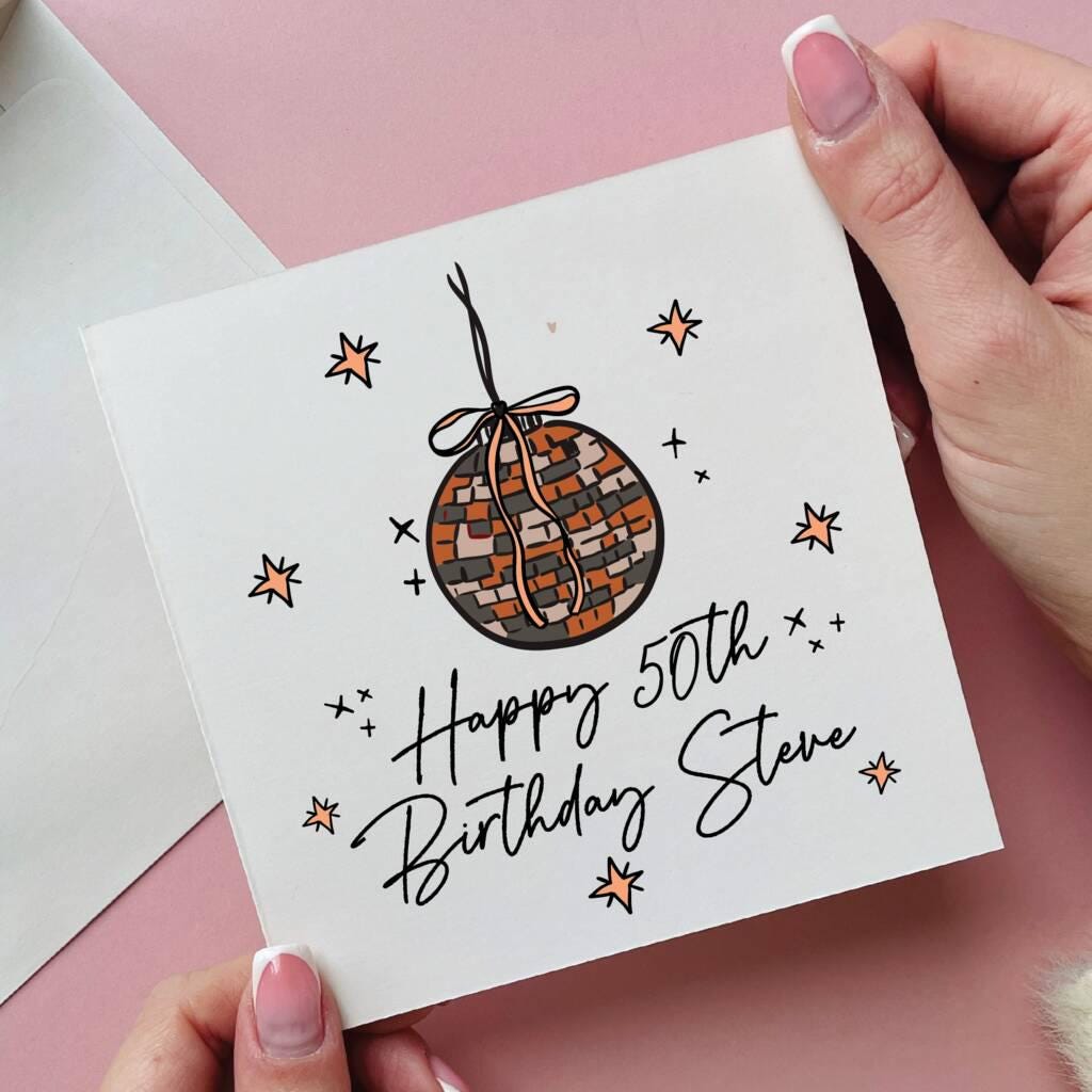 Orange Disco Ball Personalised 50th Birthday Card