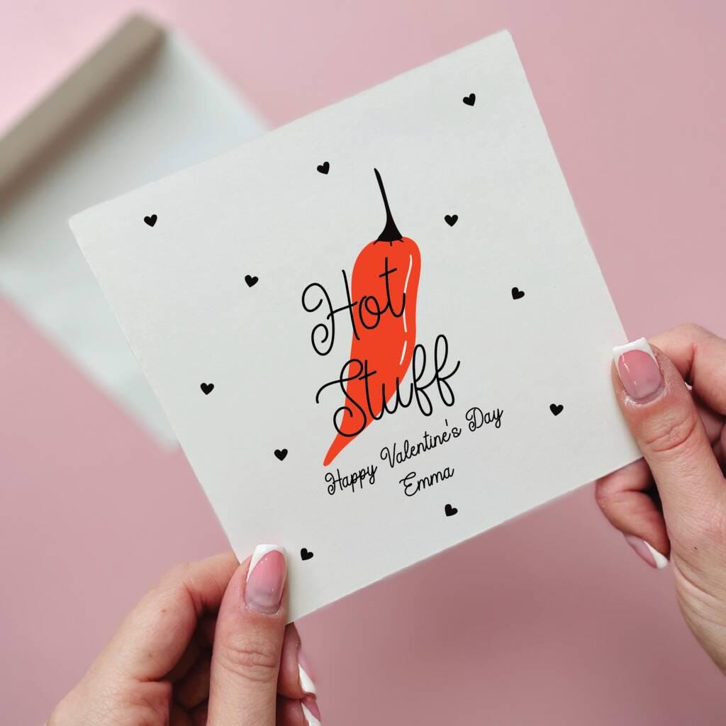 Card with red chili pepper and 'Hot Stuff' text on a pink background