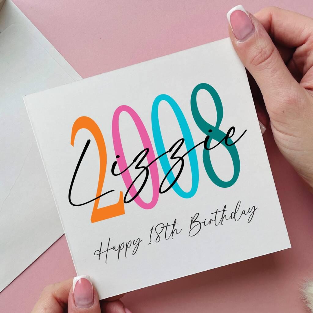Hand holding a birthday card with colorful numbers and 'Happy 18th Birthday' text on a pink background.
