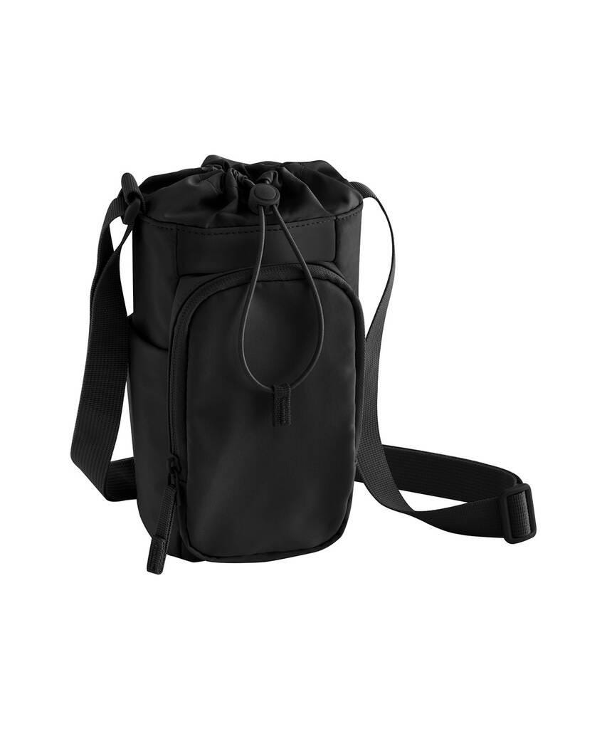 Black drawstring bag with a strap on a white background