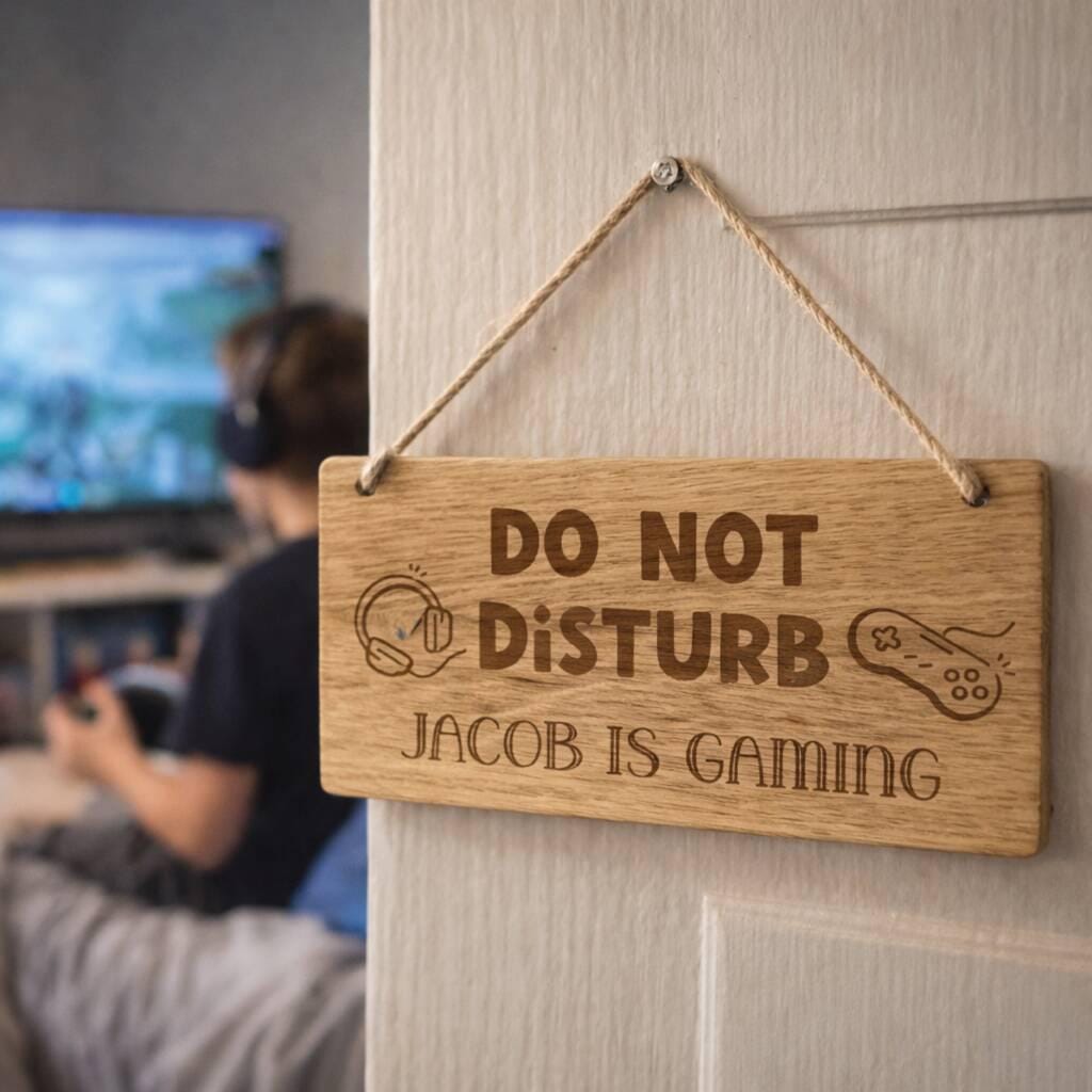 Wooden sign on a wall with 'Do Not Disturb Jacob is Gaming' text, person playing video games in the background.