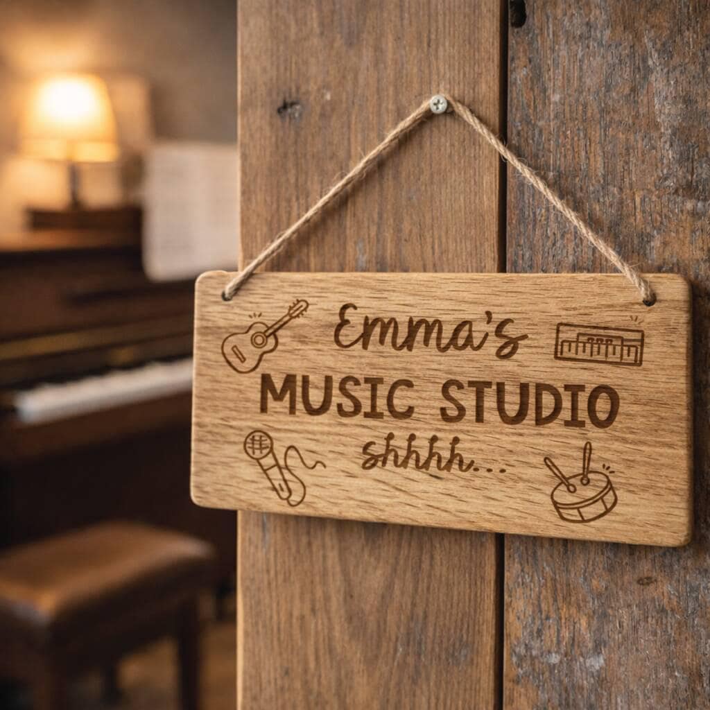 Wooden sign with 'Emma's Music Studio shhhh' text and musical icons on a wooden door.