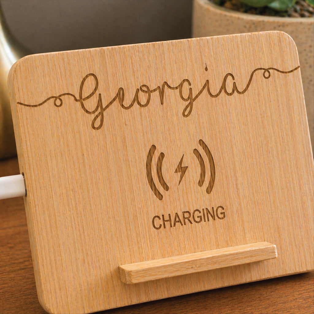 Swirl Name Wireless Bamboo Charger Stand Lifestyle