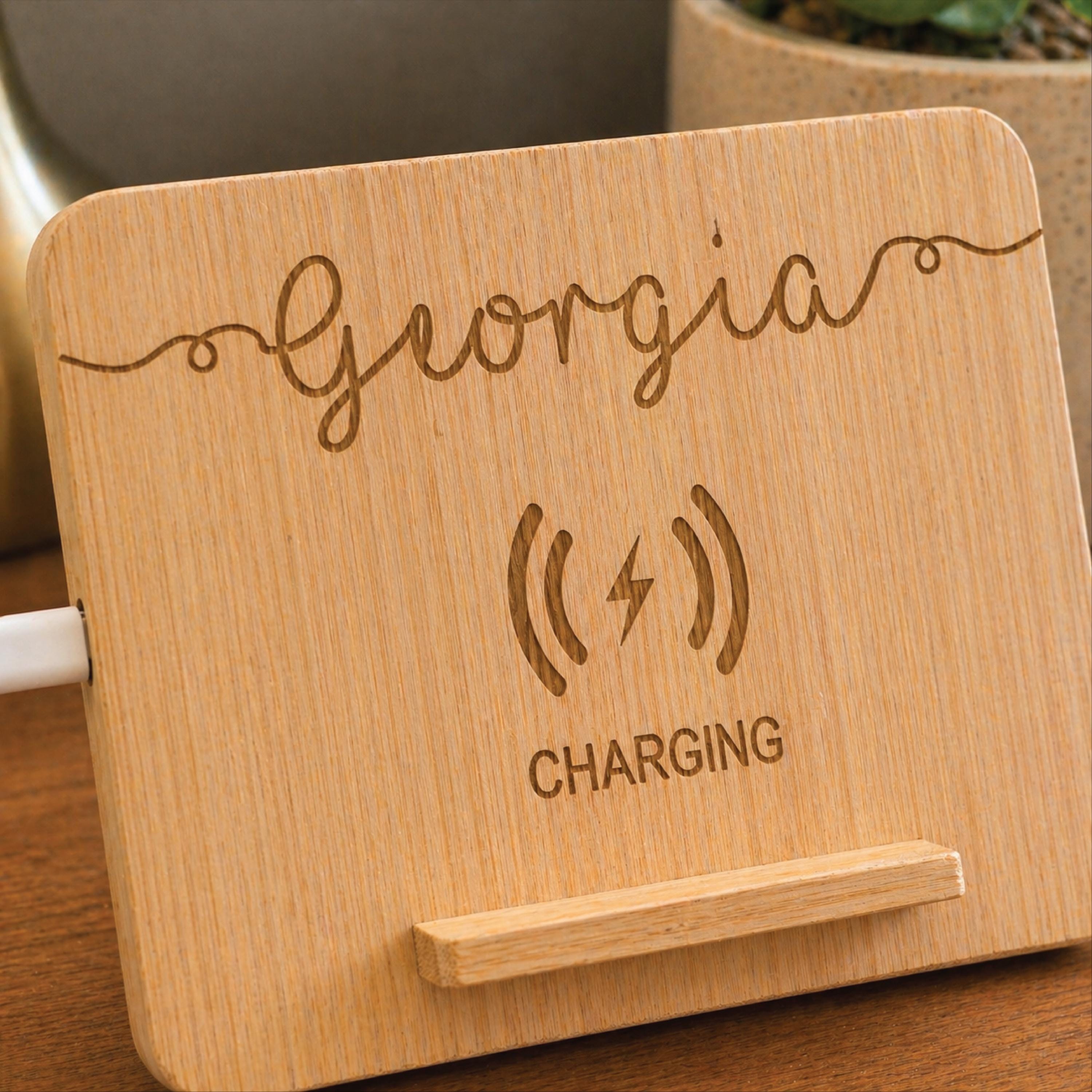 Swirl Name Wireless Bamboo Charger Stand Lifestyle