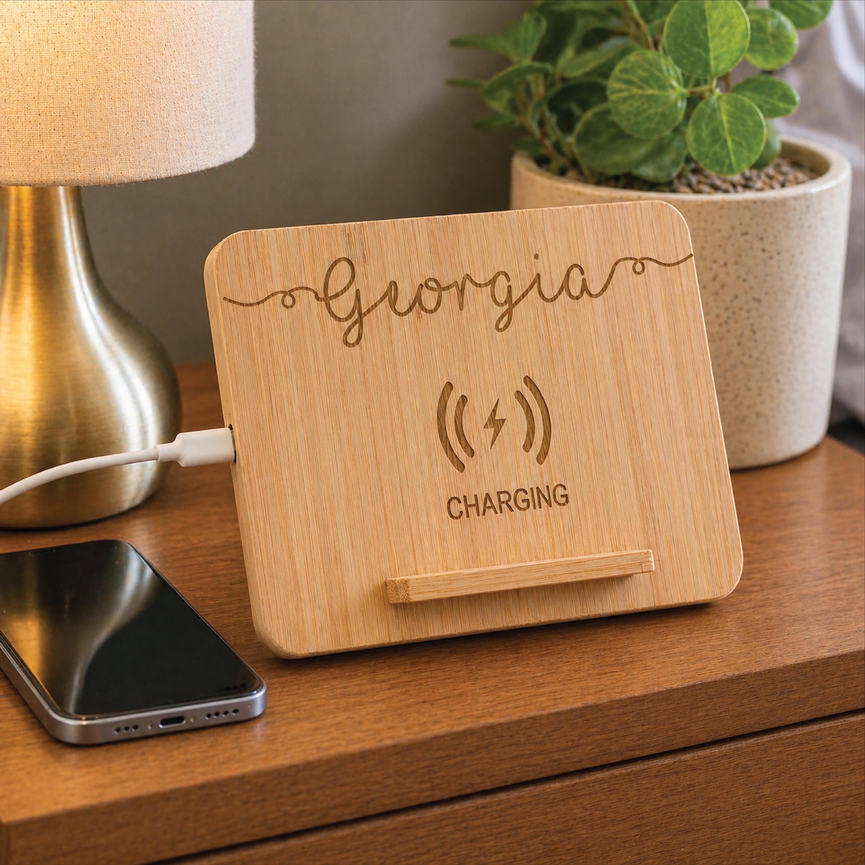 Swirl Name Wireless Bamboo Charger Stand Lifestyle