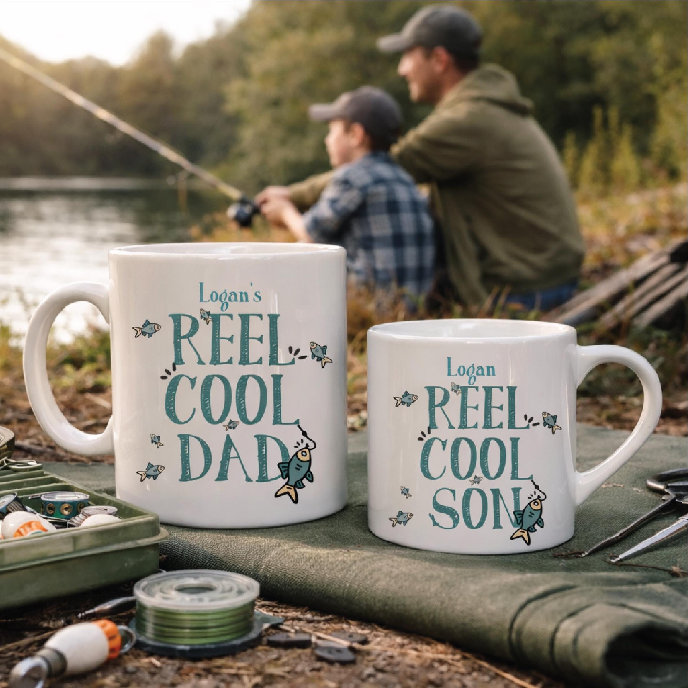 Personalised Reel Cool Dad And Son Matching Fishing Mugs