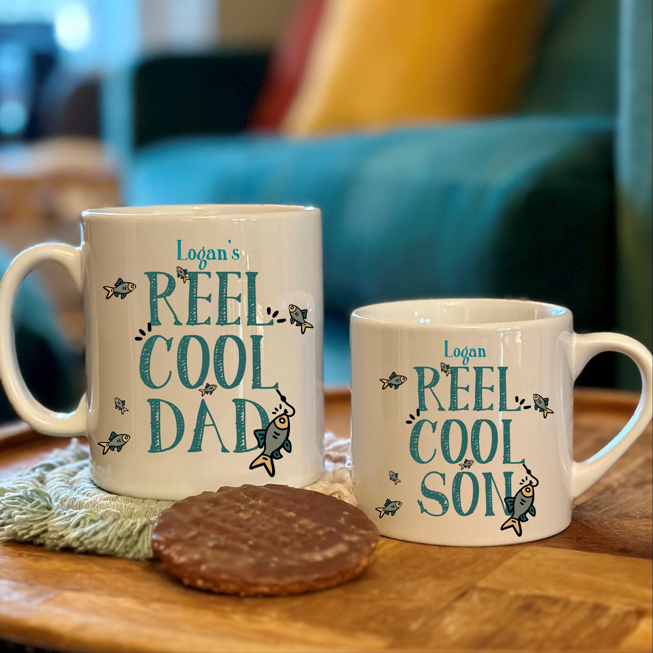 Personalised Reel Cool Dad And Son Matching Fishing Mugs