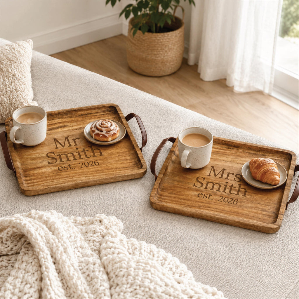 Matching Mr And Mrs Personalised Acacia Trays
