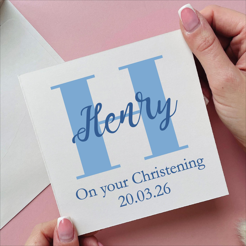 Personalised Giant Initial Christening Card In Blue