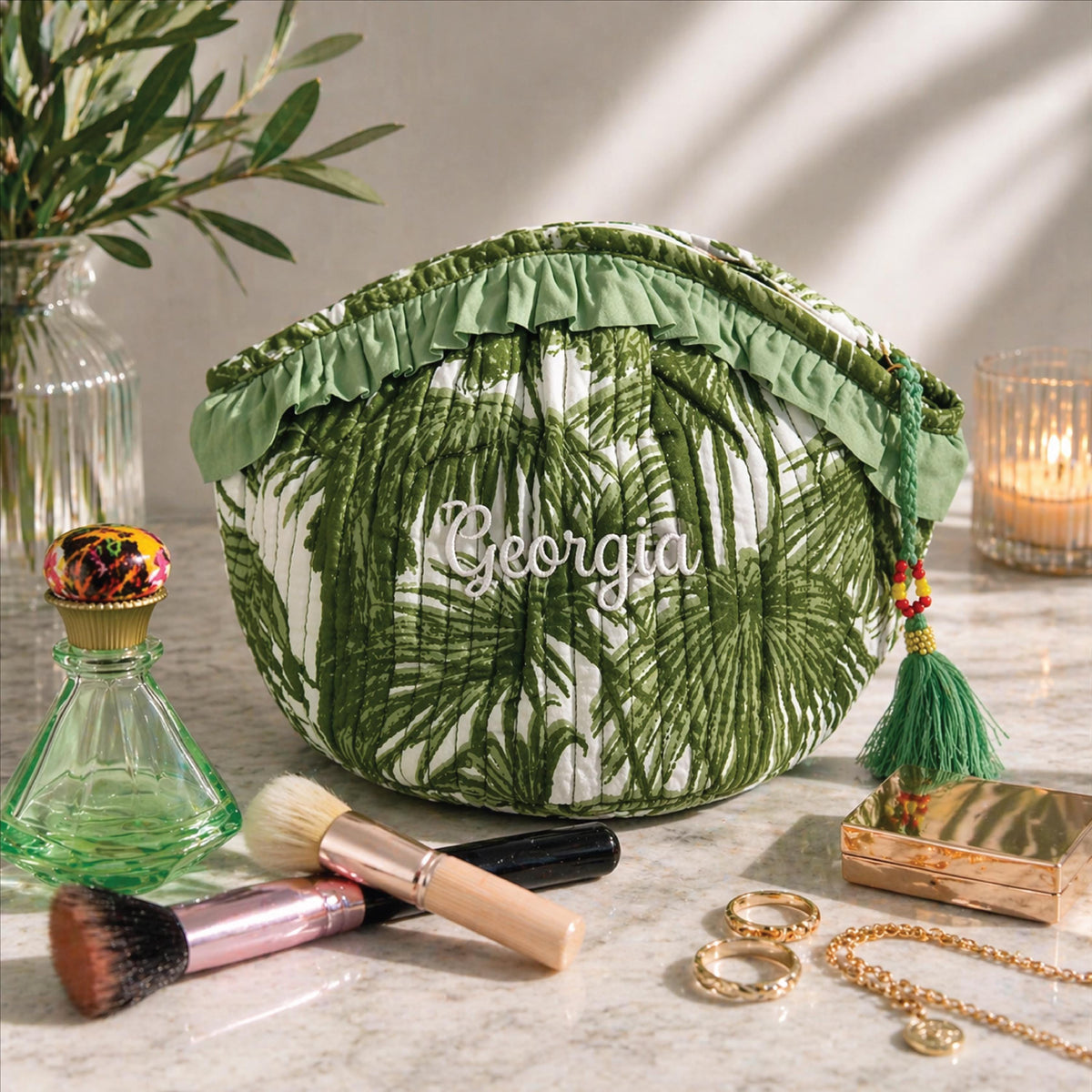 Personalised Green Tropical Dome Quilted Make Up Bag For Her