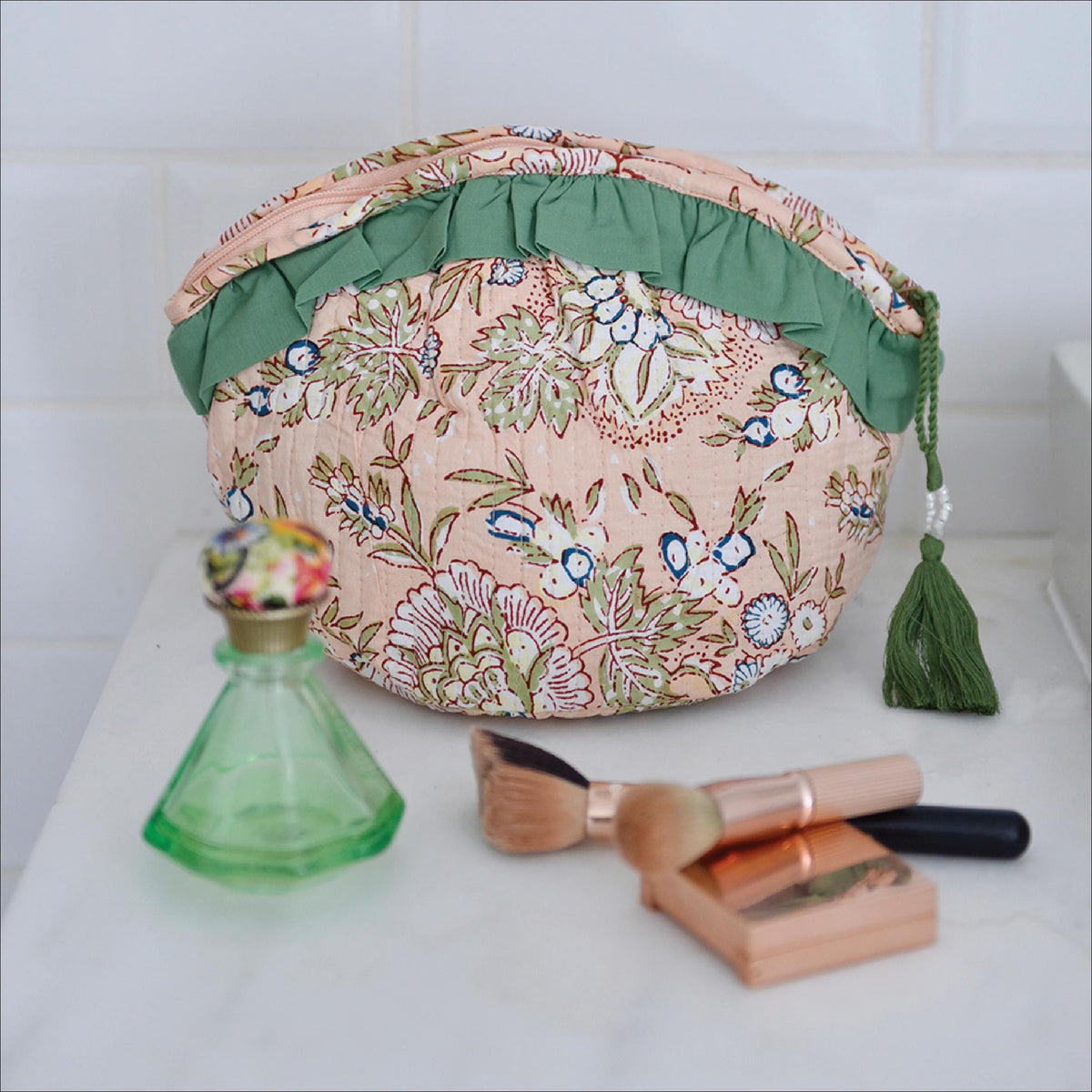Personalised Peach Floral Dome Quilted Make Up Bag For Her