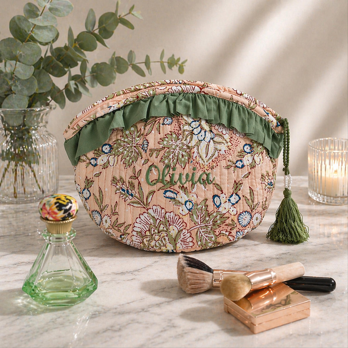 Personalised Peach Floral Dome Quilted Make Up Bag For Her