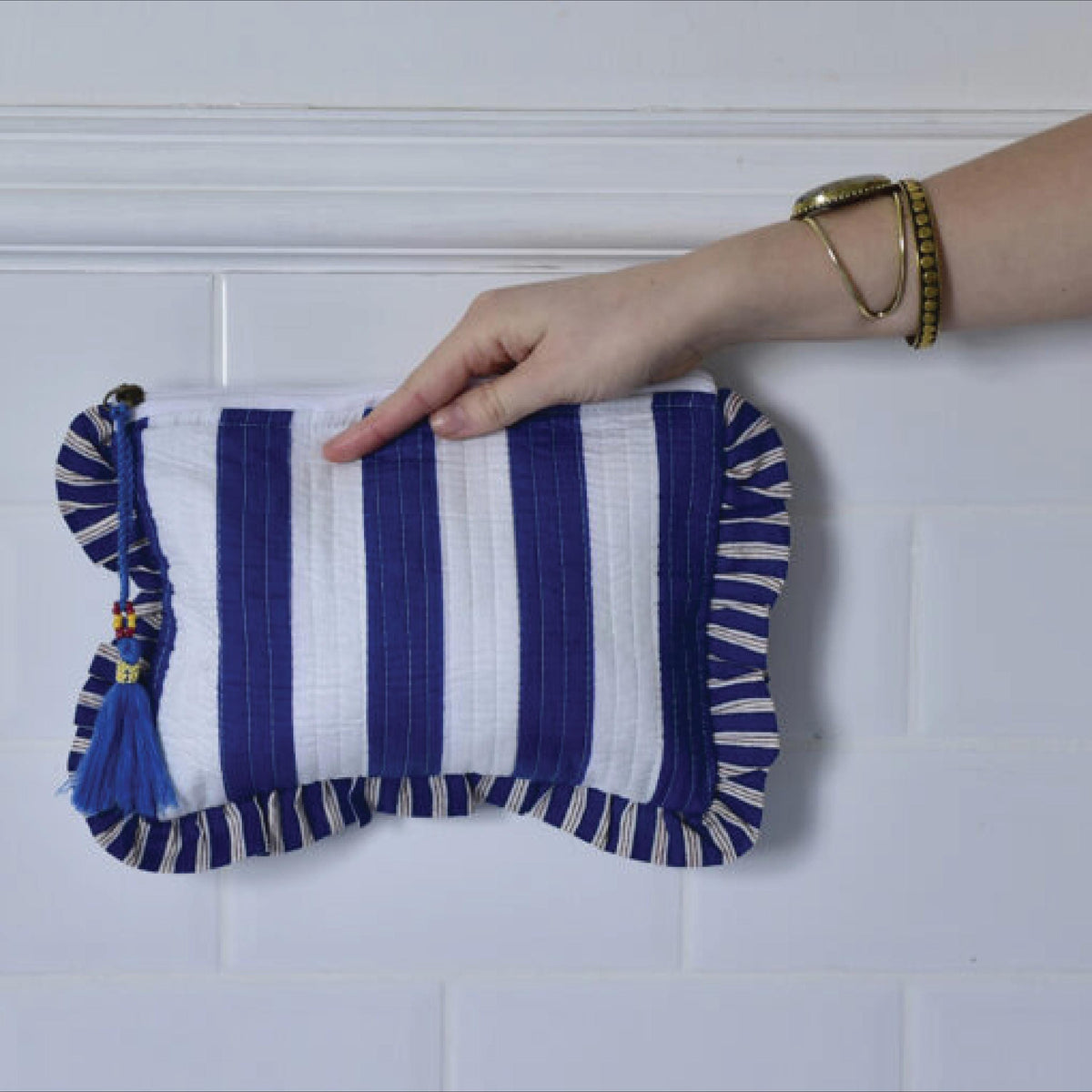 Personalised Blue Seashell And Stripe Quilted Washbag