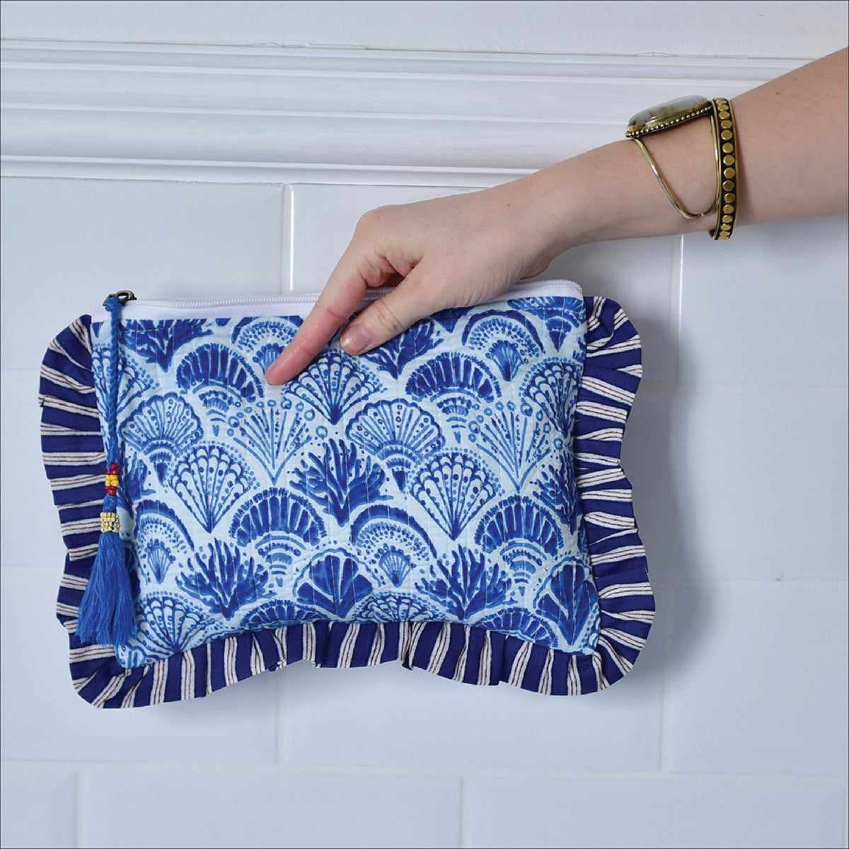 Personalised Blue Seashell And Stripe Quilted Washbag
