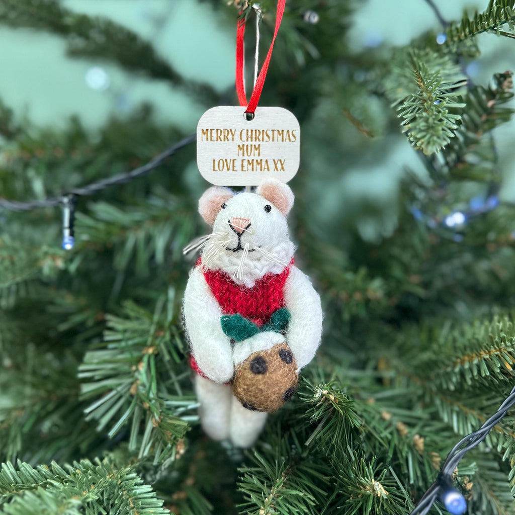 Personalised Christmas Mouse With Christmas Pudding Bauble