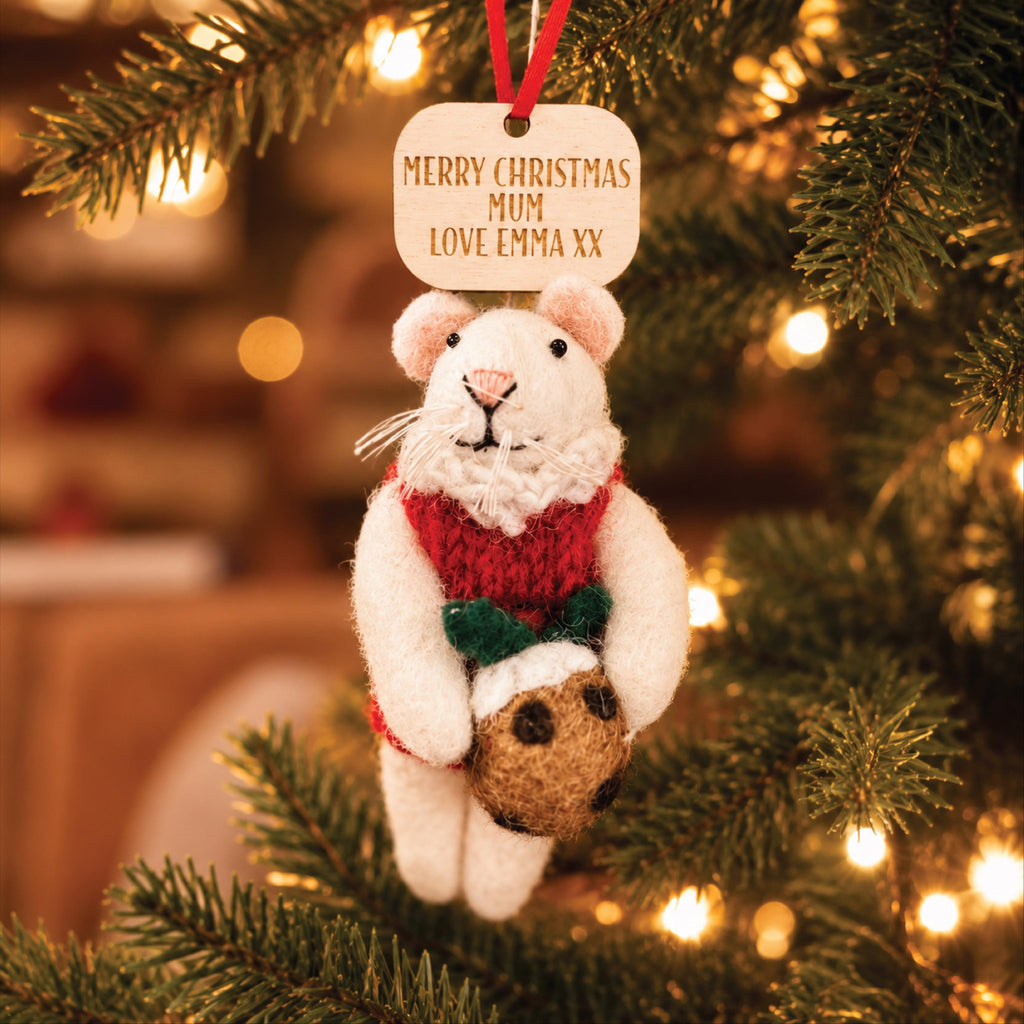 Personalised Christmas Mouse With Christmas Pudding Bauble
