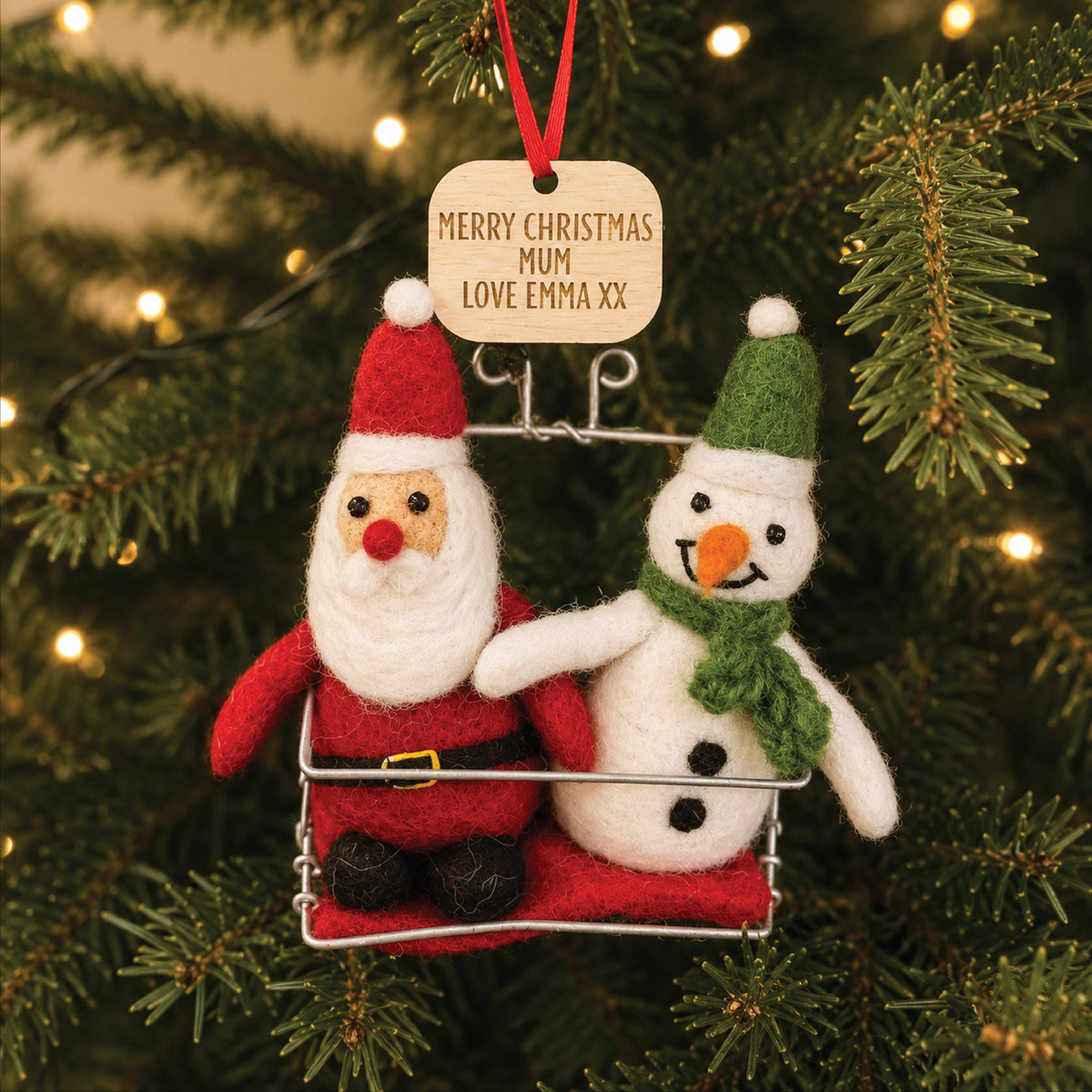 Personalised Santa And Snowman In Ski Lift Bauble