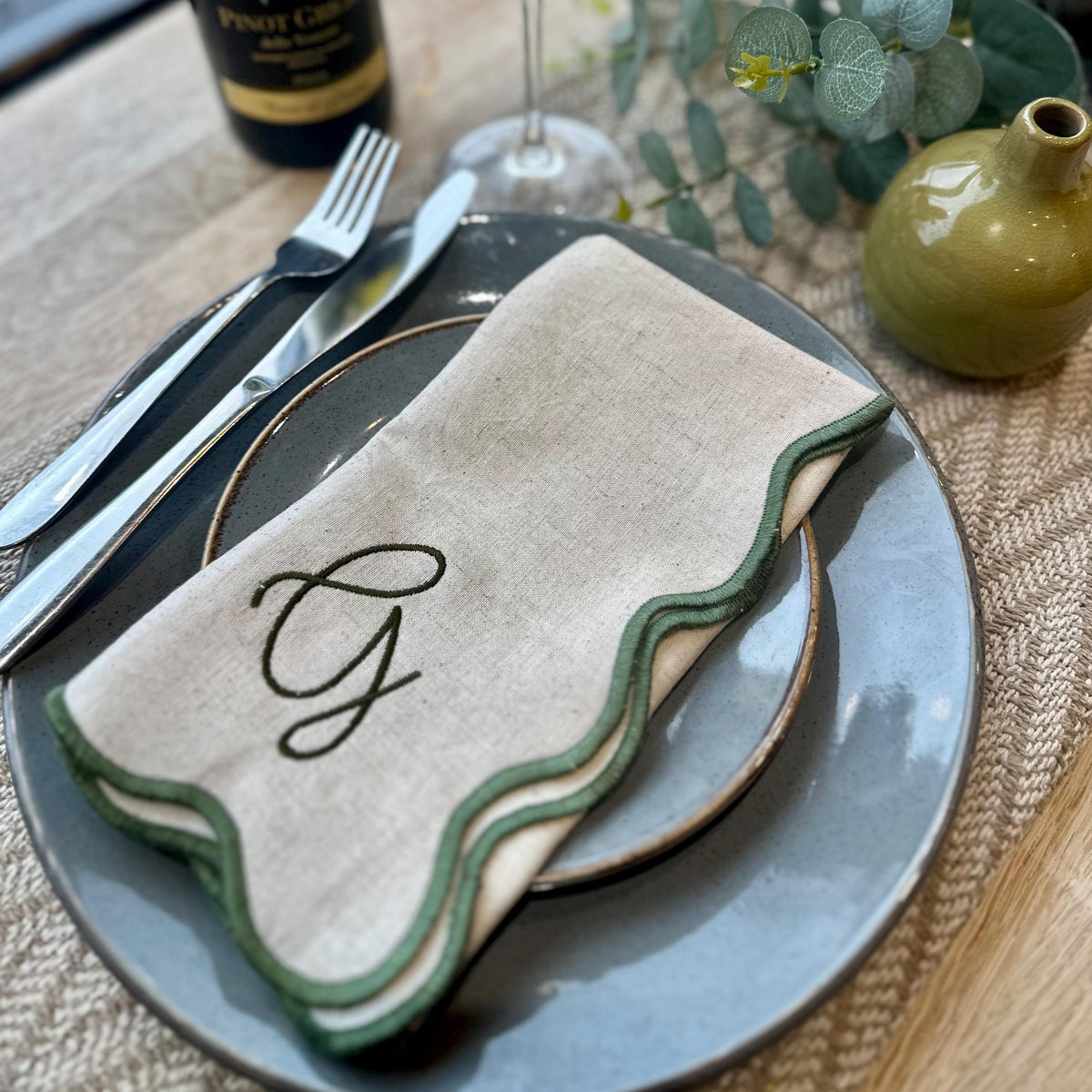 Embroidered Set Of Four Script Initial Scalloped Edge Napkins
