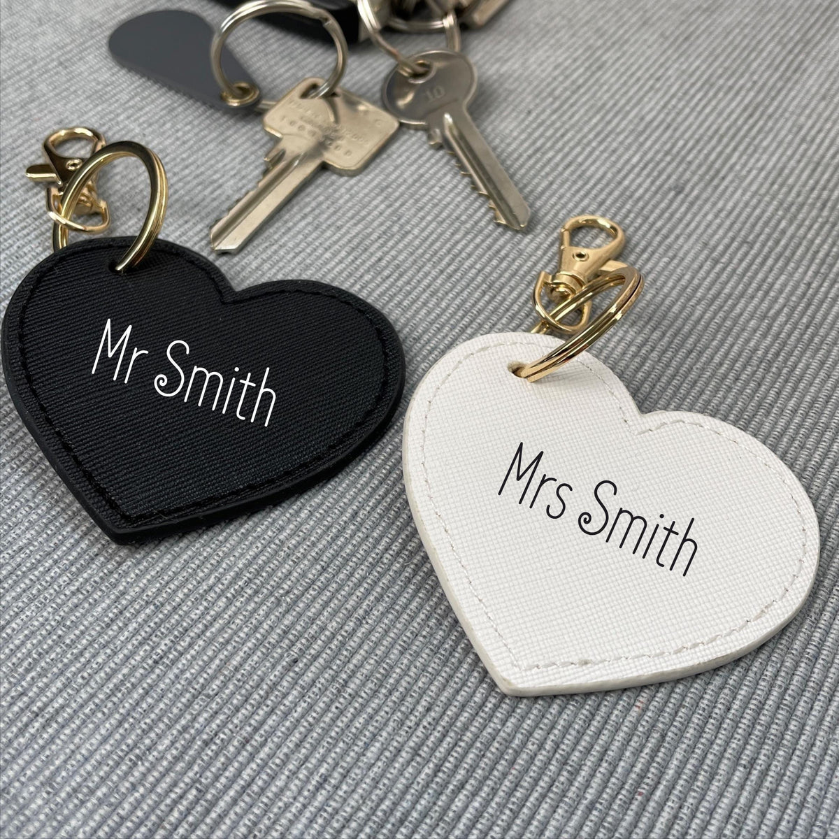 Personalised Mr And Mrs Matching Heart Keyrings