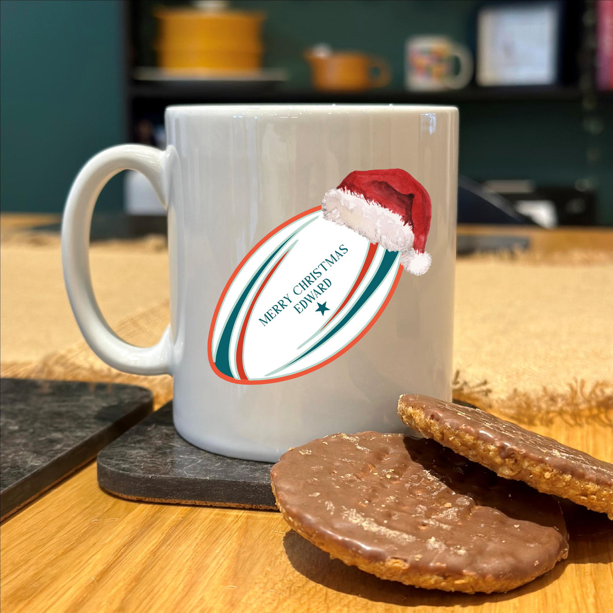 Personalised Santa Hat Rugby Christmas Mug