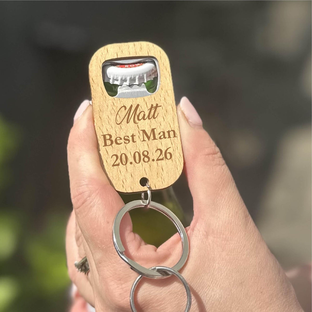 Personalised Wooden Groomsman Bottle Opener Keyring