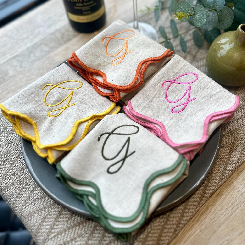 Embroidered Set Of Four Script Initial Scalloped Edge Napkins