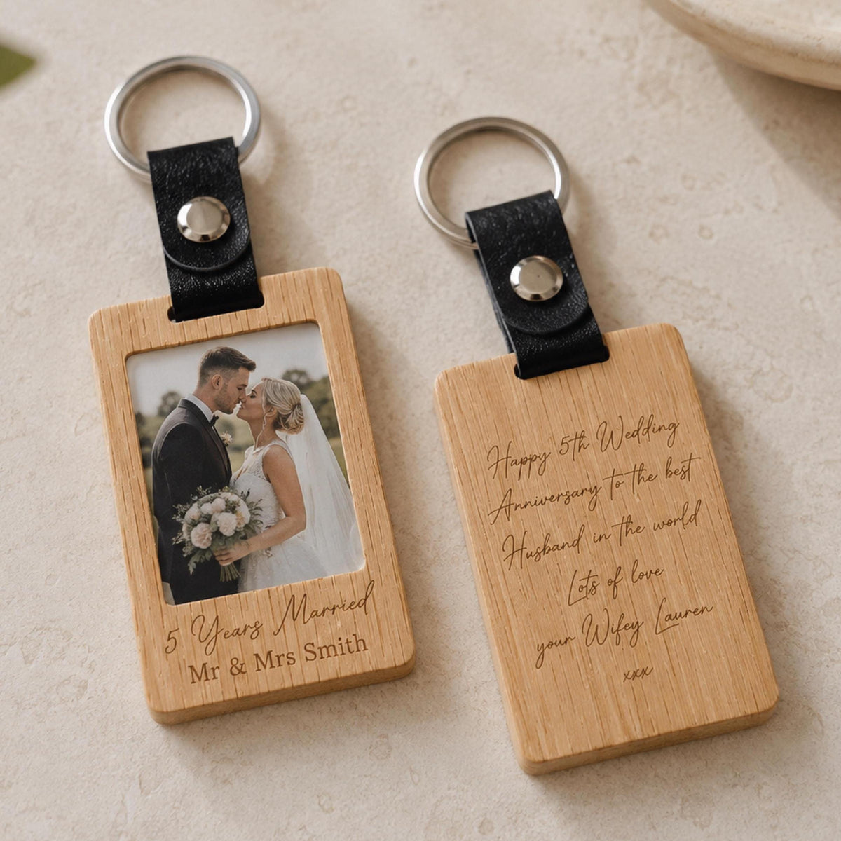 Personalised 5th Anniversary Wooden Photo Keyring