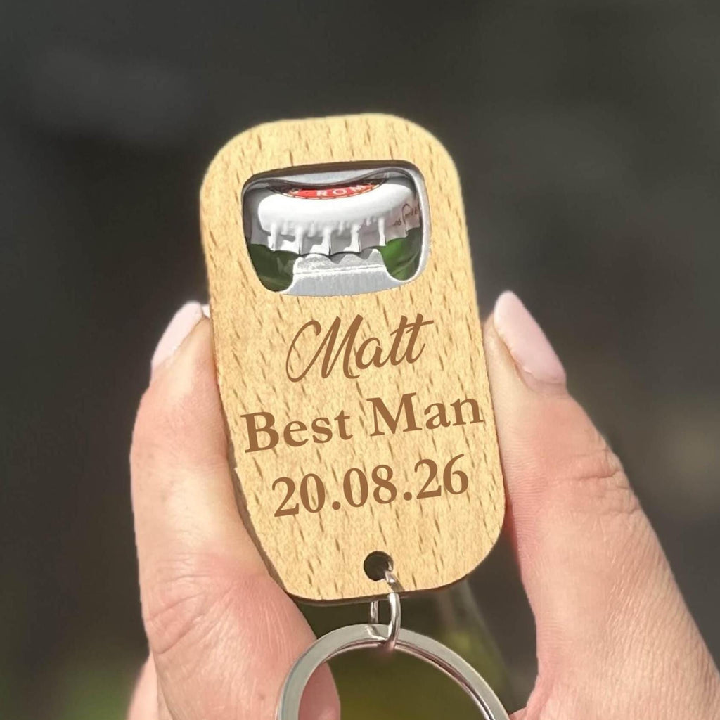 Personalised Wooden Groomsman Bottle Opener Keyring