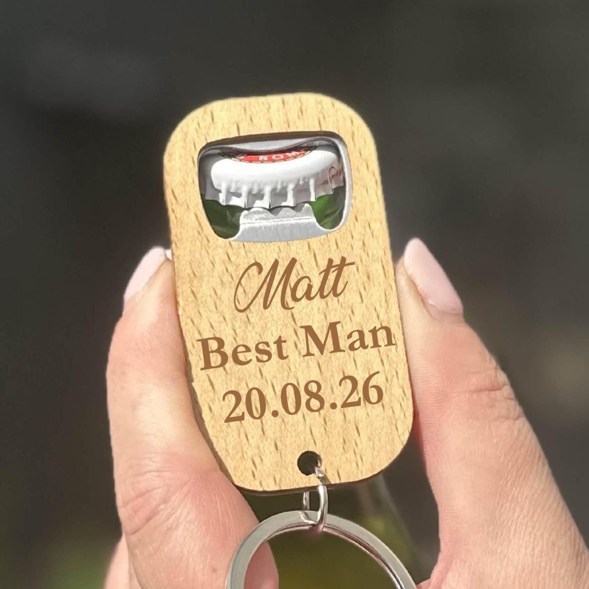 Personalised Wooden Groomsman Bottle Opener Keyring