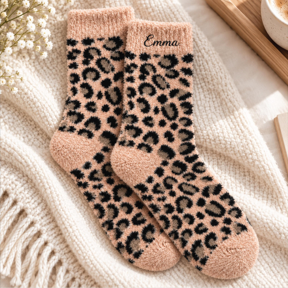 Personalised Fluffy Leopard Print Slipper Socks
