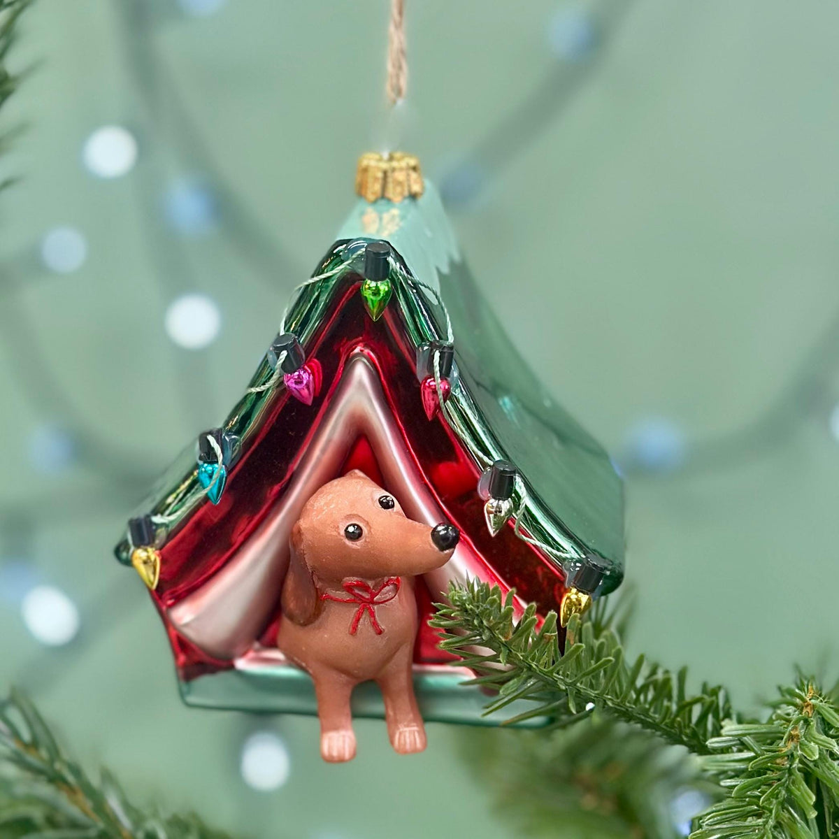 Personalised Dog In A Tent Bauble