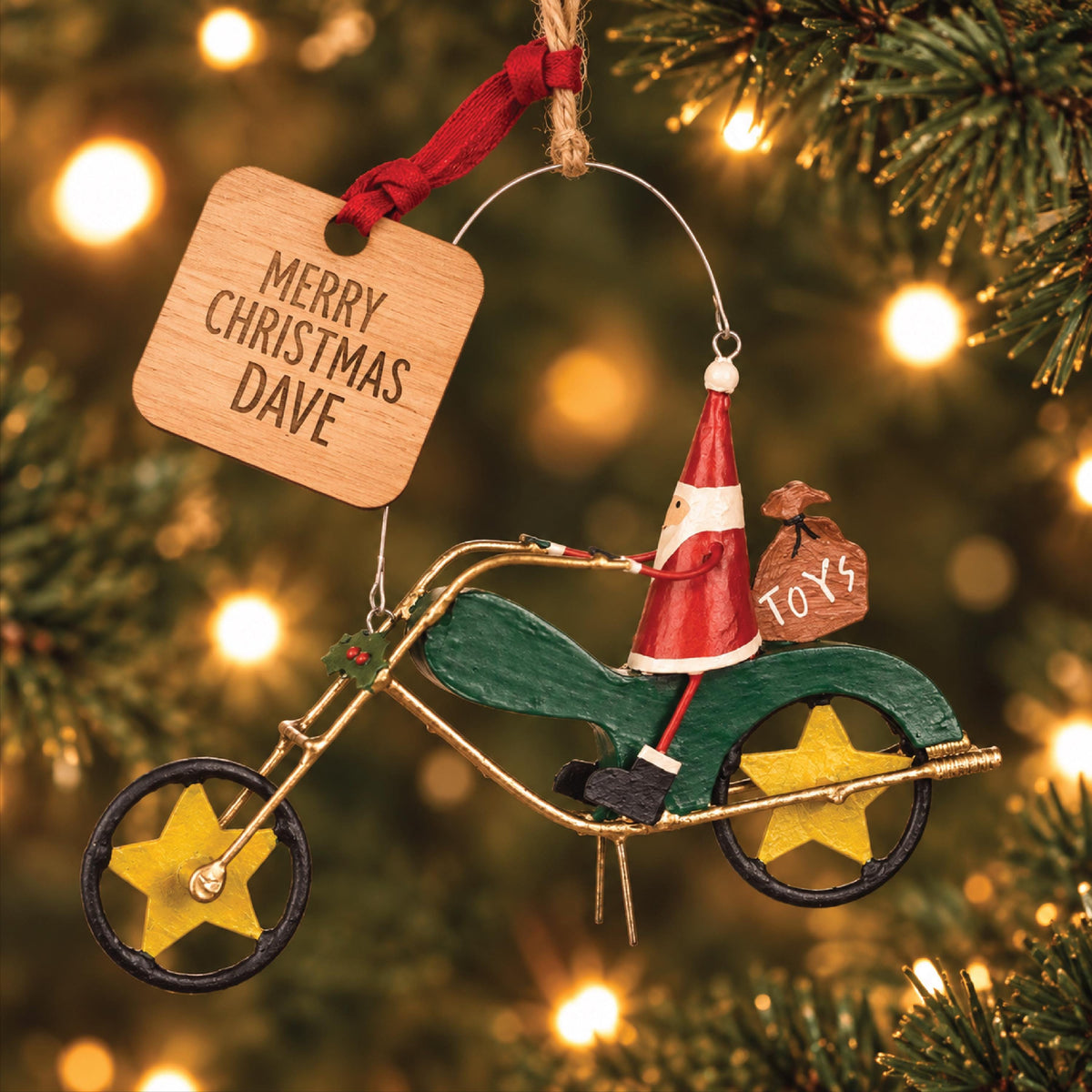 Personalised Santa On A Motorcycle Bauble