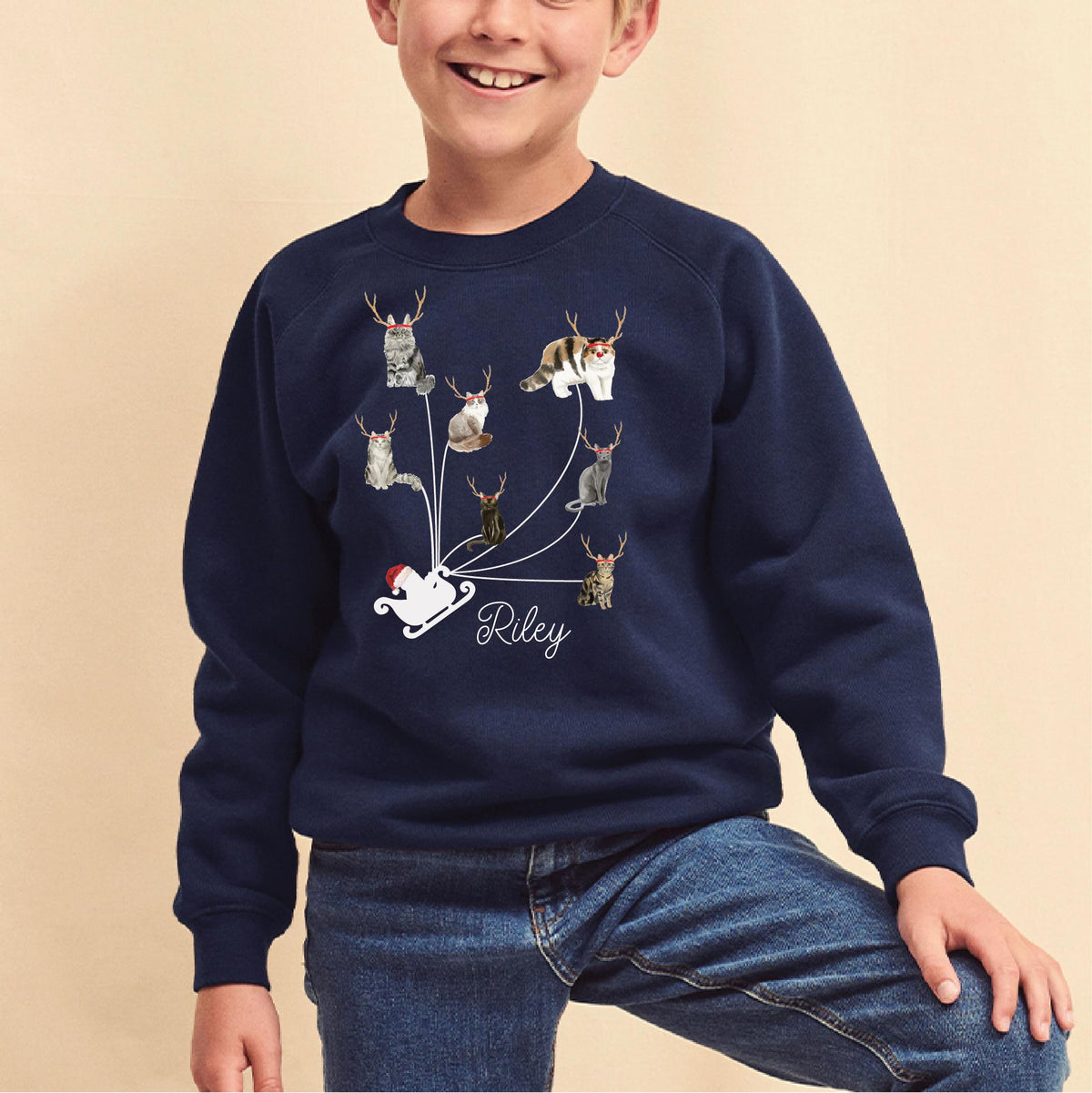 Personalised Cats As Reindeers Kids Christmas Jumper
